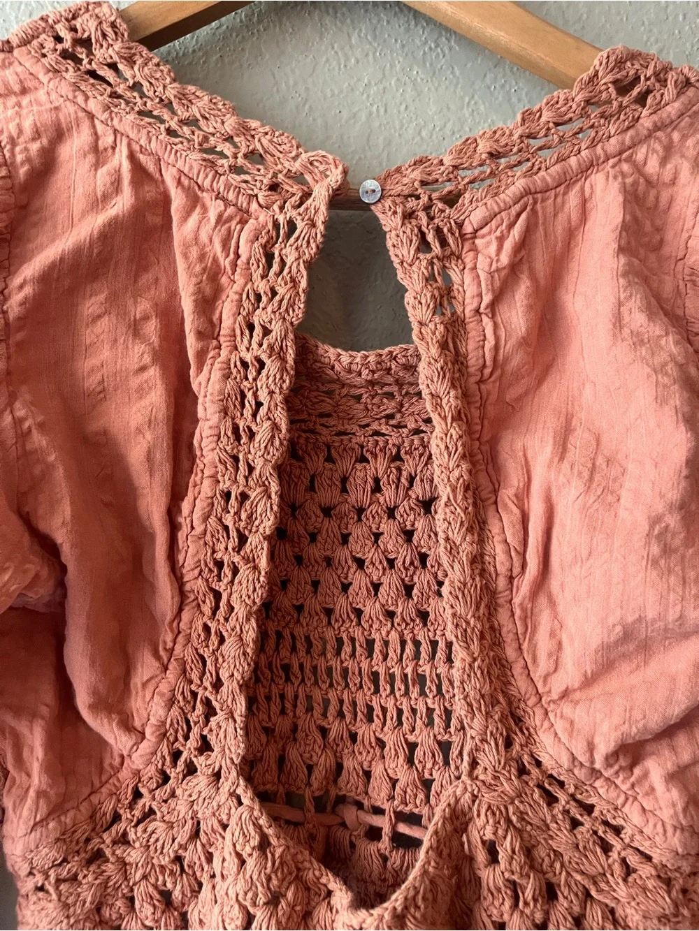 Free People Megan Top in Coral Crochet Peasant Long-Sleeve Top XS